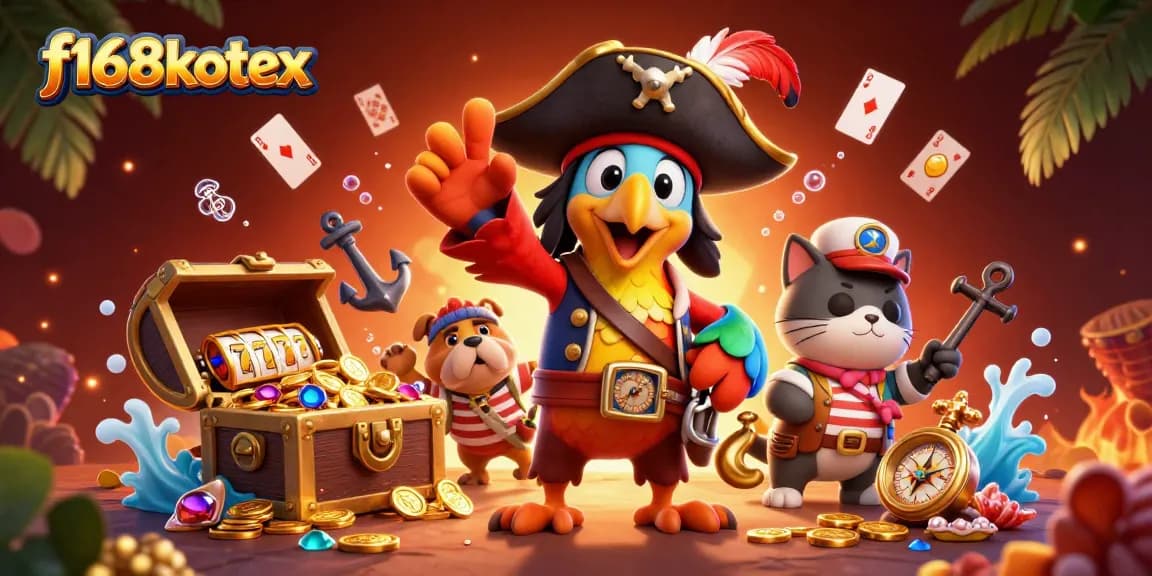 Join the adventure and win big with f168kotex in a vibrant 3D pirate-themed casino scene.