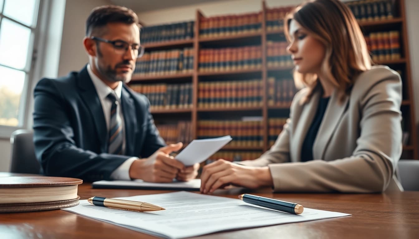 Lawyer discussing probate documents with a client in a professional setting
