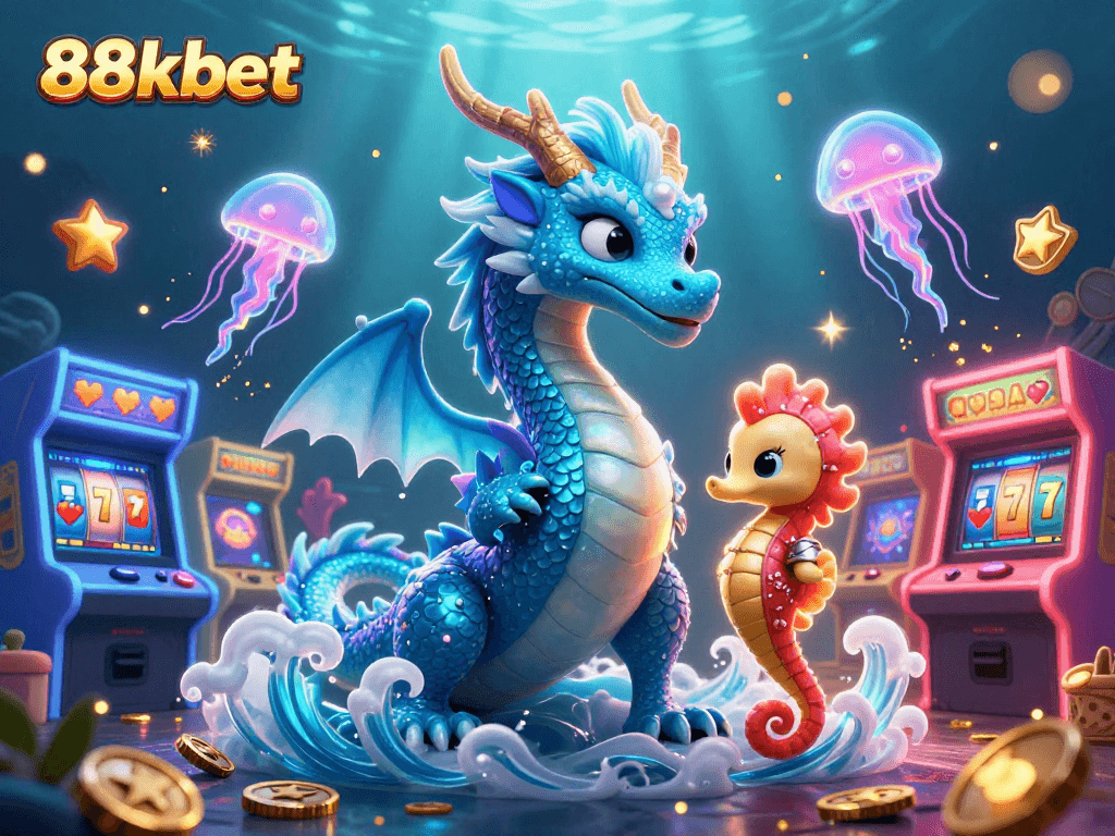 Engage in thrilling slots with 88kbet's dynamic underwater scene featuring colorful characters.