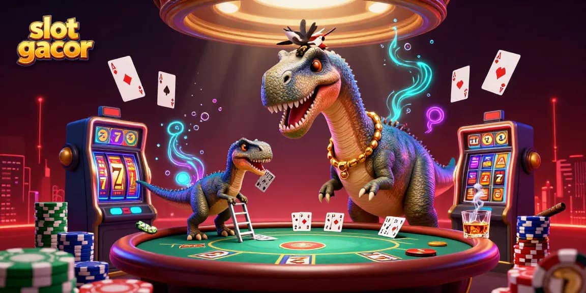 Experience slot gacor in a vibrant, animated casino scene with cartoon dinosaurs and poker elements.
