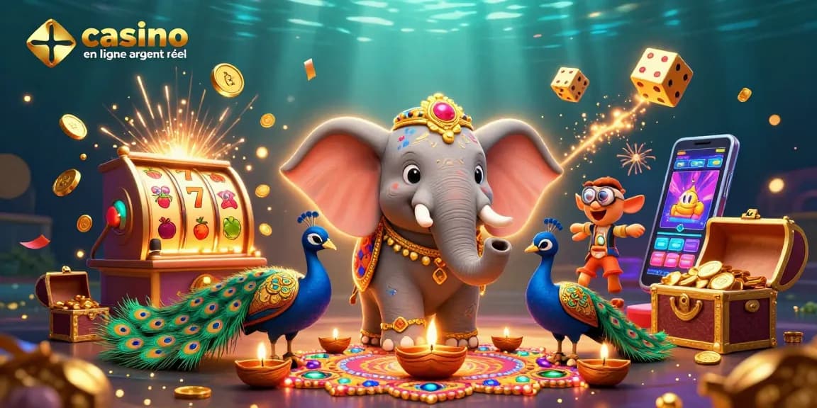 Découvrez le monde du casino en ligne argent réel avec cette illustration dynamique, incluant un éléphant coloré et une machine à sous.