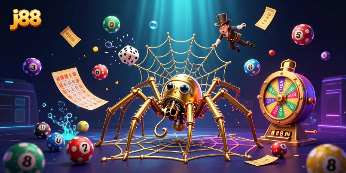 Engage with j88's dynamic gambling world featuring a fascinating steampunk spider and colorful lottery elements.