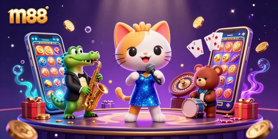 Watch the m88 jazz-singer cat and friends spotlight thrilling casino action with colorful slot games and golden coins.