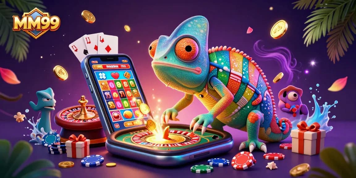 Experience MM99's vibrant casino with an animated chameleon owner catching coins and dynamic game elements.