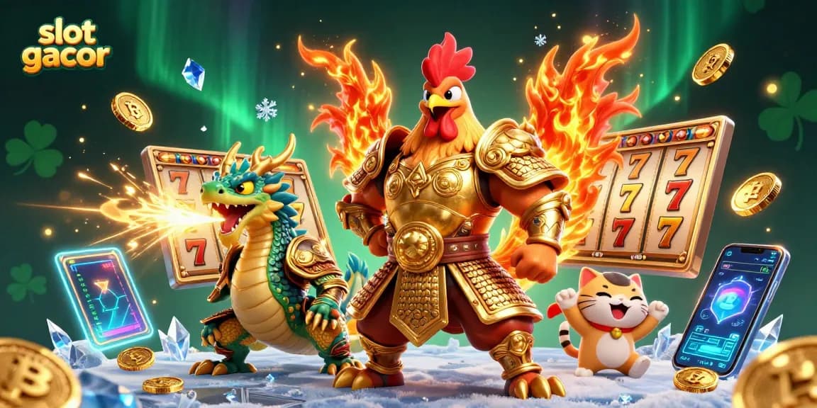 Engage with slot gacor through a vibrant scene featuring a rooster warrior, dragon hatchling, and coins.