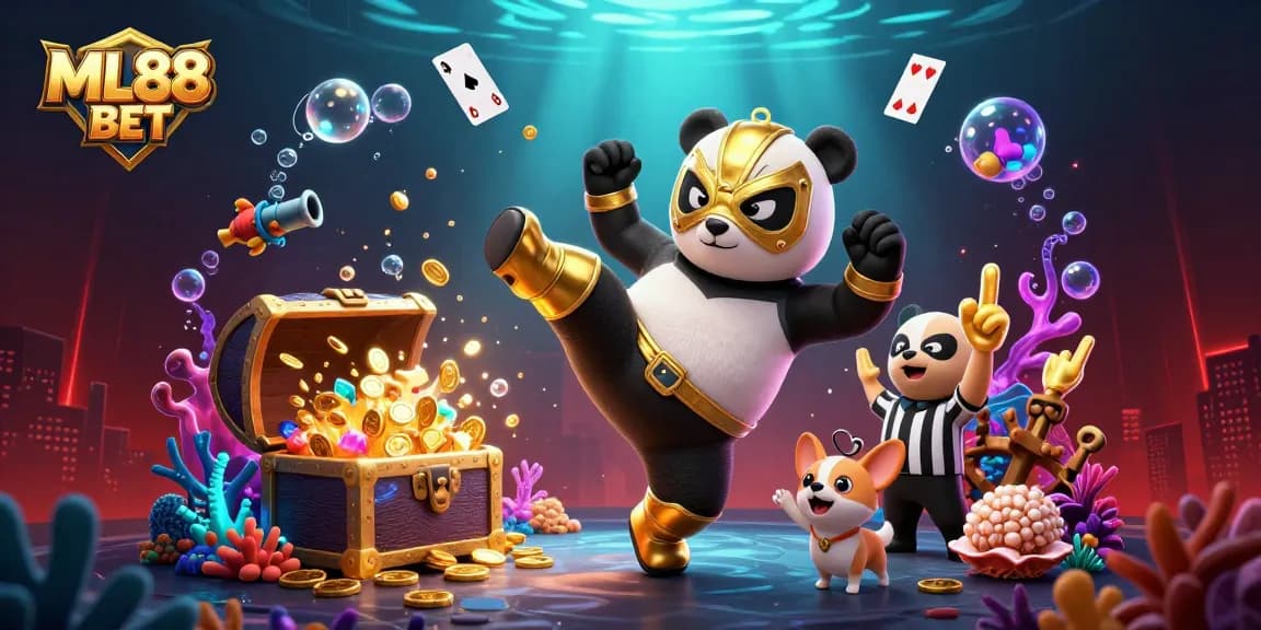 ML88 BET features a panda wrestler and chihuahua referee in an exciting casino scene filled with gold coins.