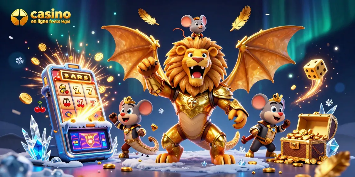 Visualisez une scène dynamique de casino en ligne France légal avec un chimère en armure d'or, des symboles de jeux de hasard et un jackpot rayonnant.