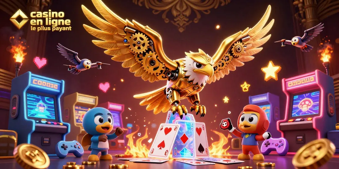 Le casino en ligne le plus payant révèle un aigle cybernétique doré plongeant parmi des cartes de jeu holographiques.