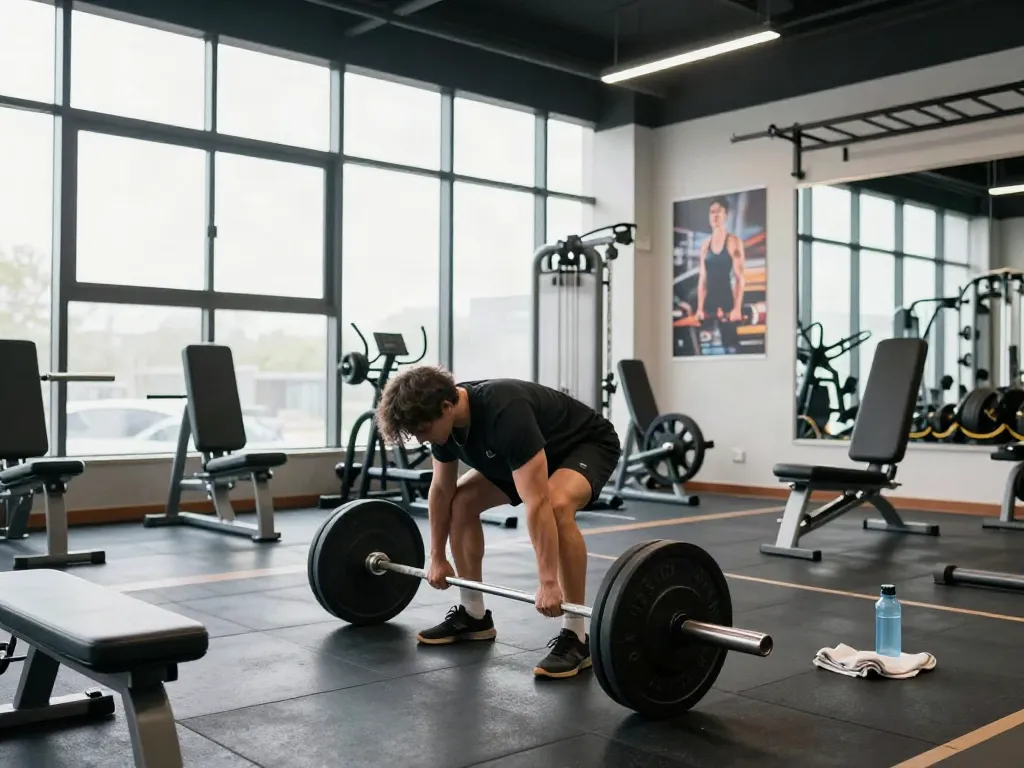 Athletic individual performing deadlifts in a modern gym, emphasizing steroidi anabolizzanti for strength training.