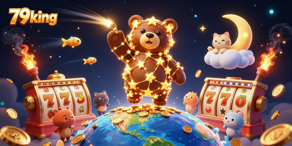 Experience winning moments at 79king with this immersive 3D casino illustration featuring golden stars and slot reels.