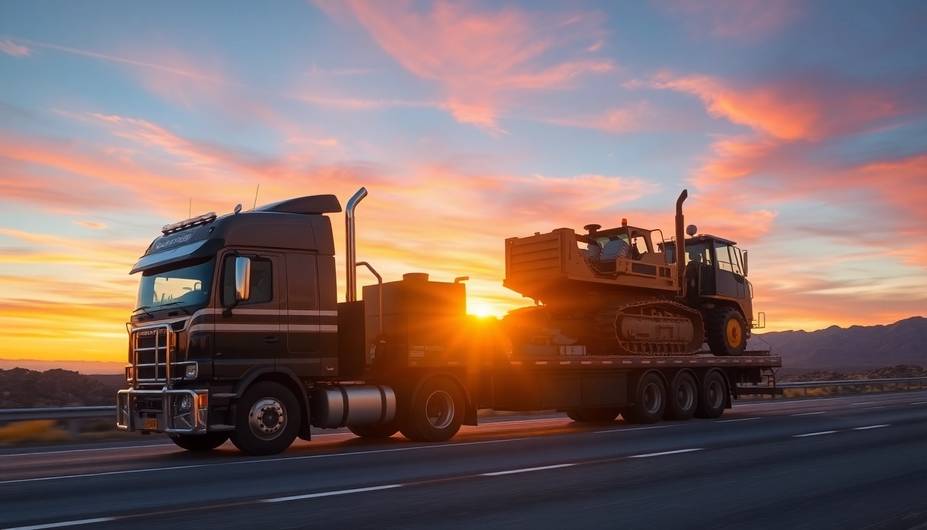 Equipment hailing with a flatbed truck carrying heavy machinery on a scenic highway.
