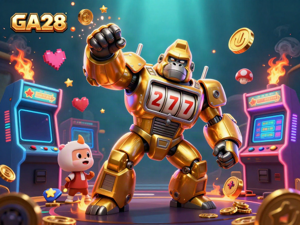 Experience thrilling gaming with GA28 as a golden gorilla mech battles with exploding coins in a vibrant casino