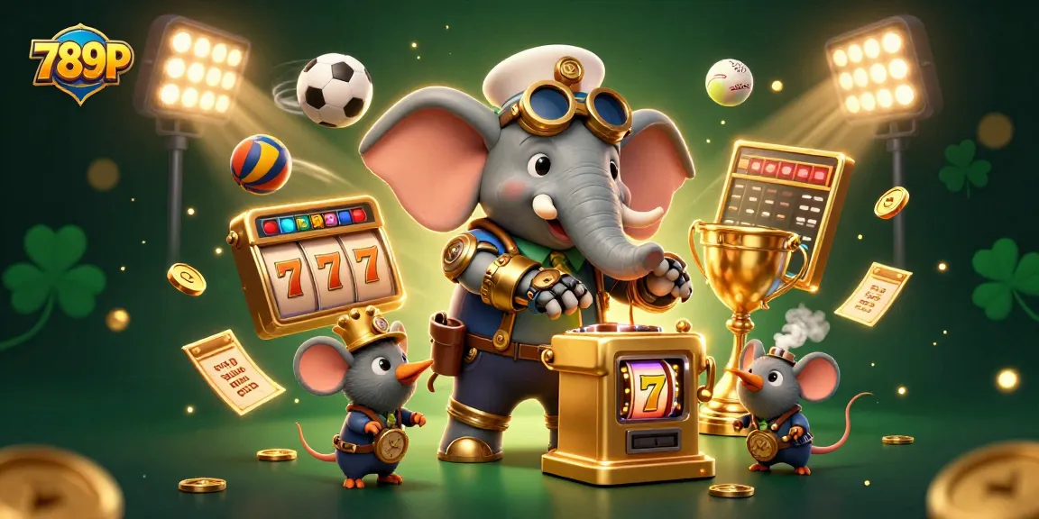 Engage with 789P's vibrant slot games in an energetic steampunk-themed casino illustration.
