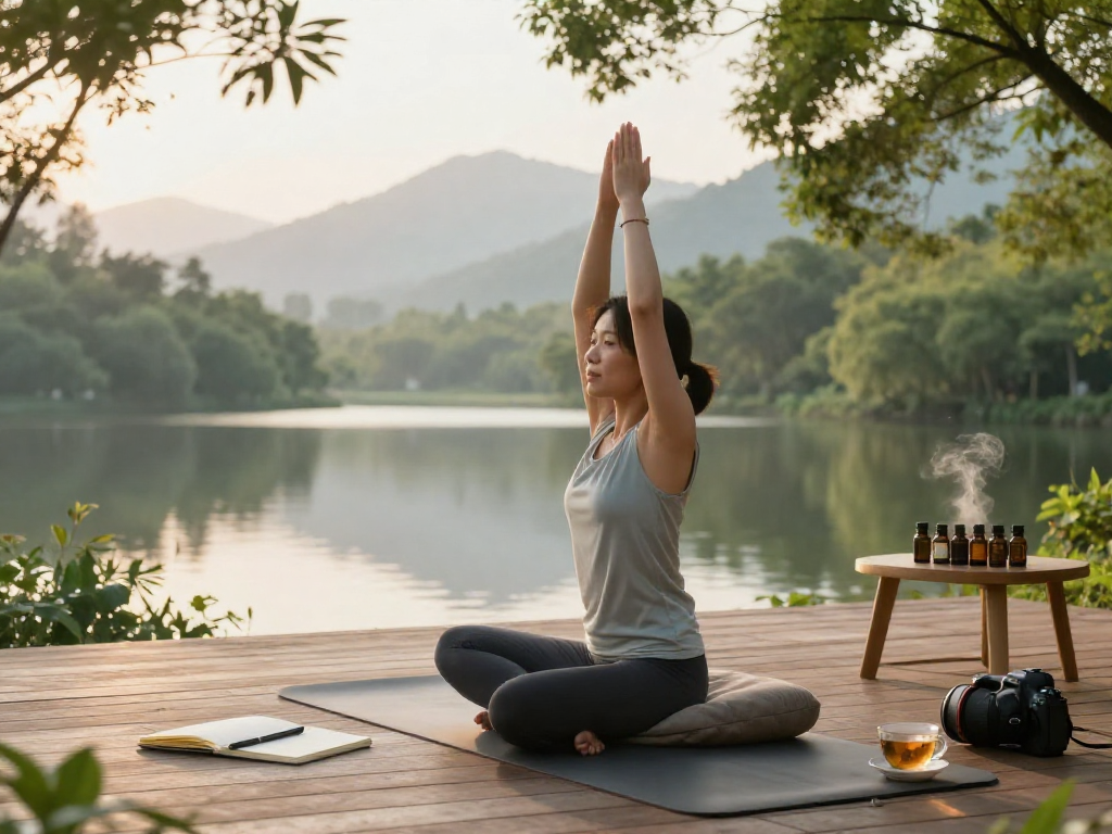 Practicing yoga outdoors at sunrise, mantra88 for personal growth.