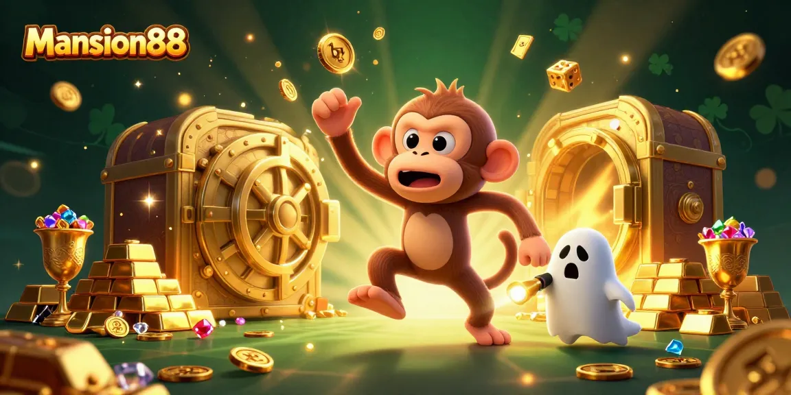 Mansion88 juggles wins in an exciting haunted casino scene with a mischievous monkey and a brave ghost-hunter pup.