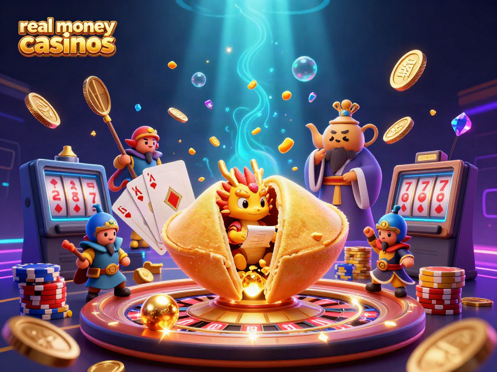 Engage with real money casinos illustrated through a charming 3D scene featuring a golden fortune cookie and dynamic casino elements.