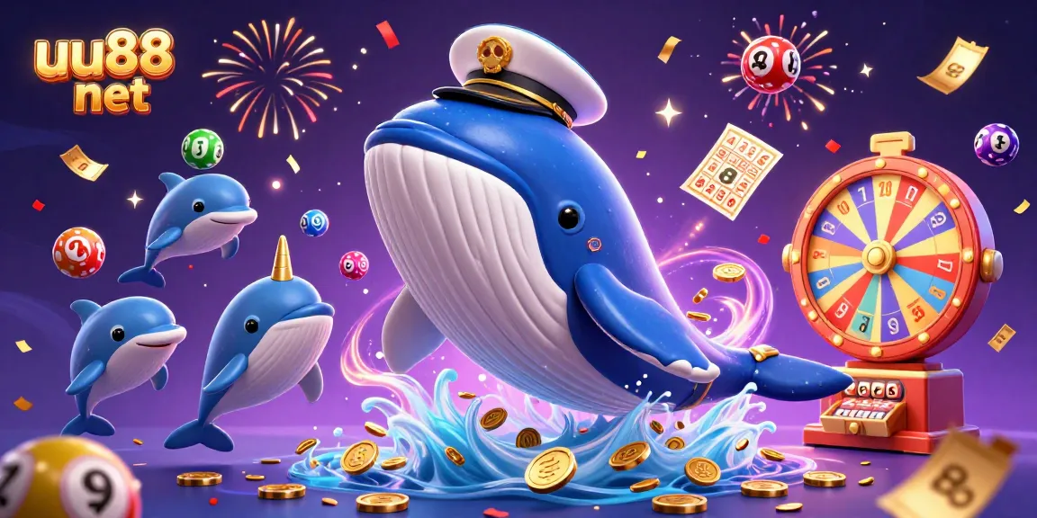 Engage with the vibrant world of uu88 net as a whale and friends celebrate wins with lottery balls and prizes.