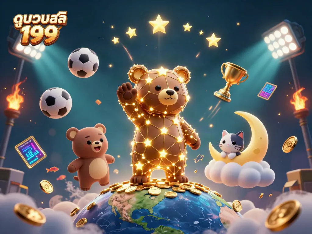 Experience thrilling sports moments with ดูบอลสด 199 in this vibrant 3D illustration, showcasing dynamic betting elements.