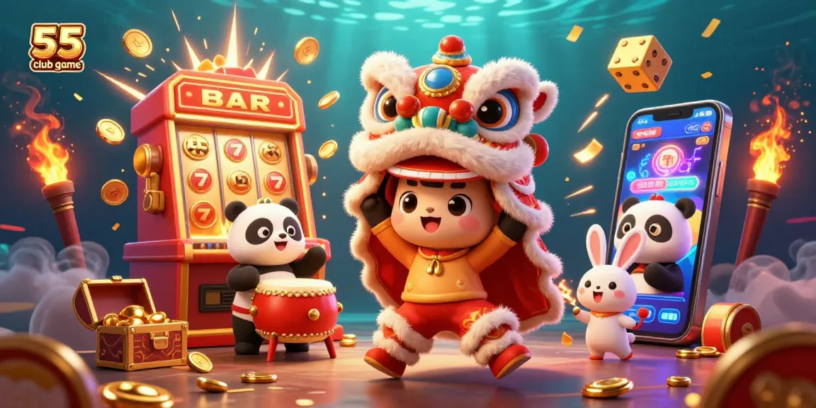 Engage with the excitement of the 55 club game featuring a dynamic lion dance with a jackpot theme and vibrant characters.