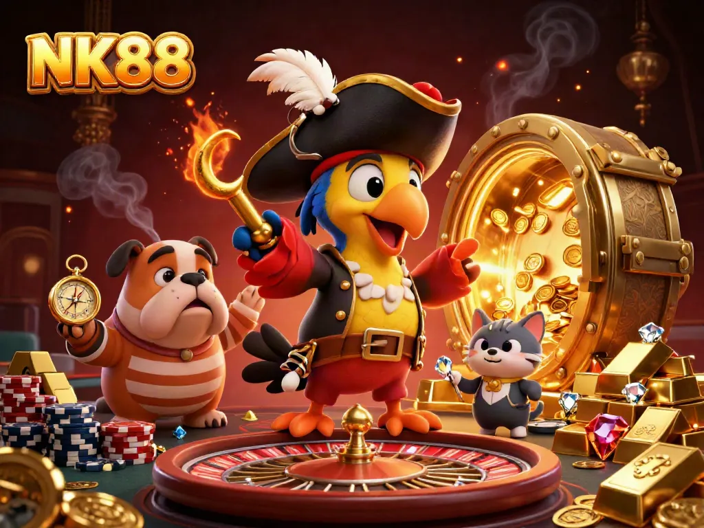 Engage in the vibrant world of NK88 live casino with dynamic characters and gold treasures.