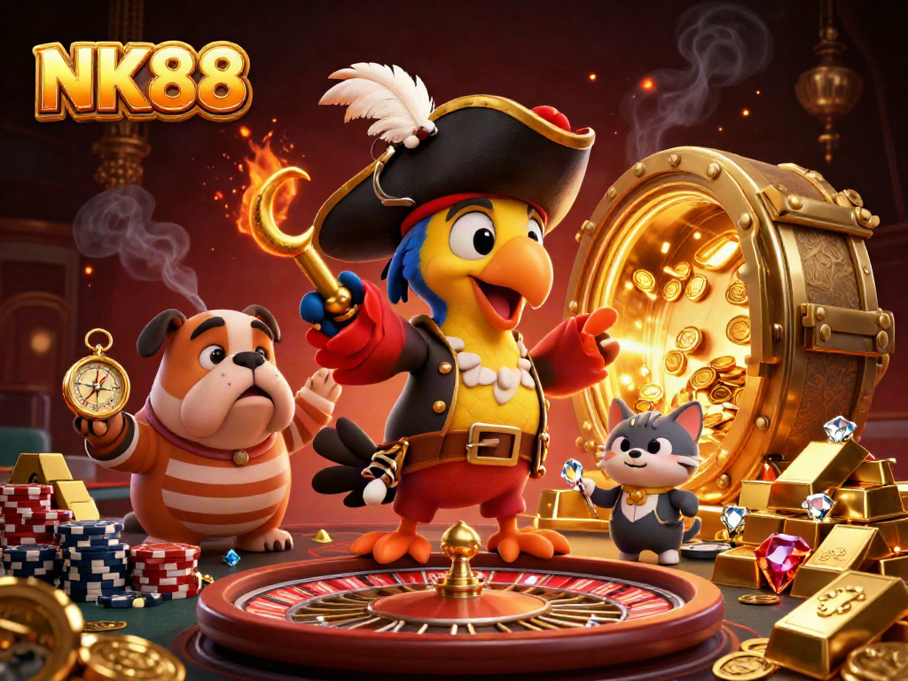 Engage in the vibrant world of NK88 live casino with dynamic characters and gold treasures.