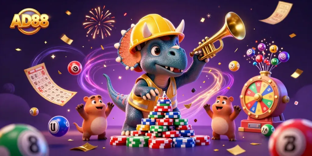 Win big with AD88 in a lively casino scene filled with colorful lottery elements and celebrating characters.