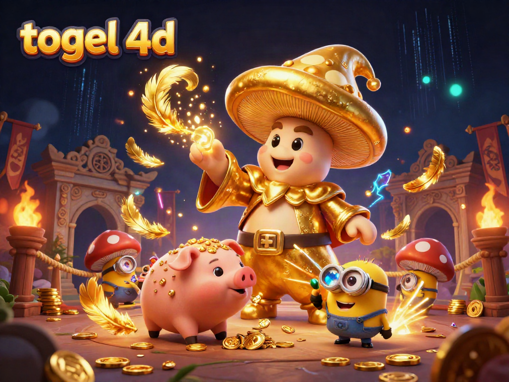 Experience togel 4d excitement with golden wizard, treasure pig, and gemstones in a vibrant casino scene.