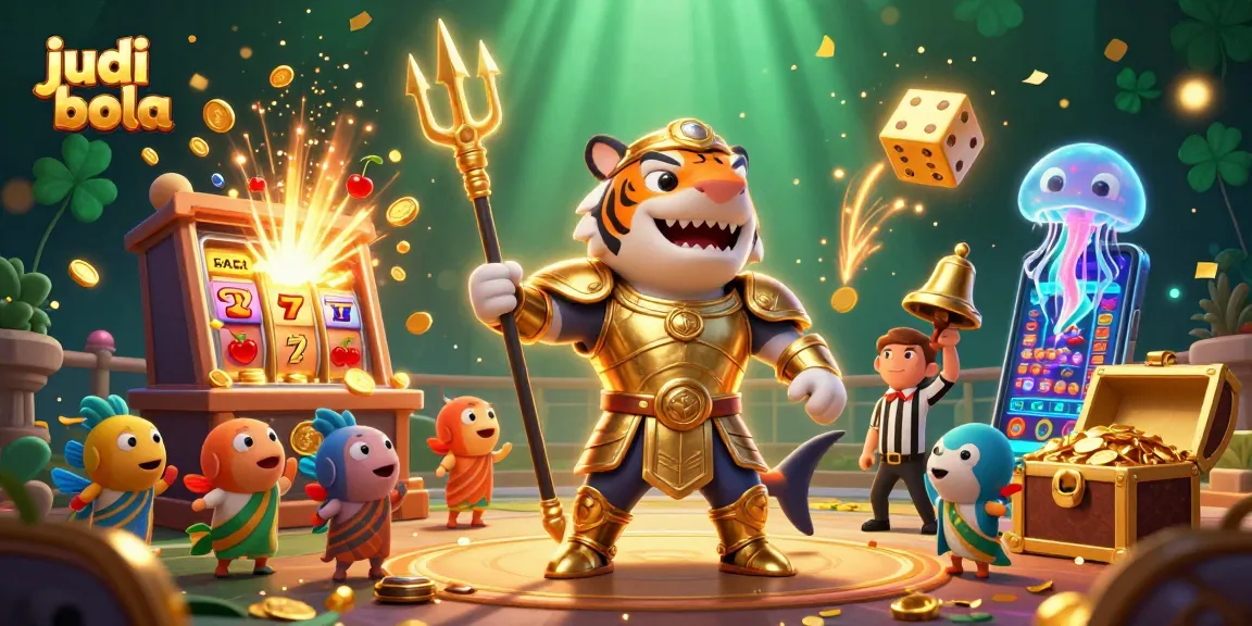 Bergabunglah dalam judi bola dengan ilustrasi 3D berwarna-warni menampilkan hiu tigris bersenjata Trident di koloseum bawah laut.