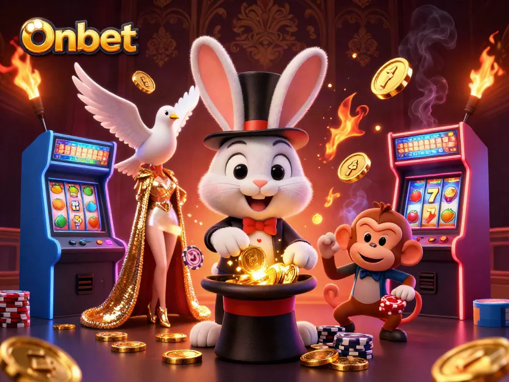 Experience Onbet's dynamic gaming scene with a magician rabbit, dove, and monkey among colorful casino elements.