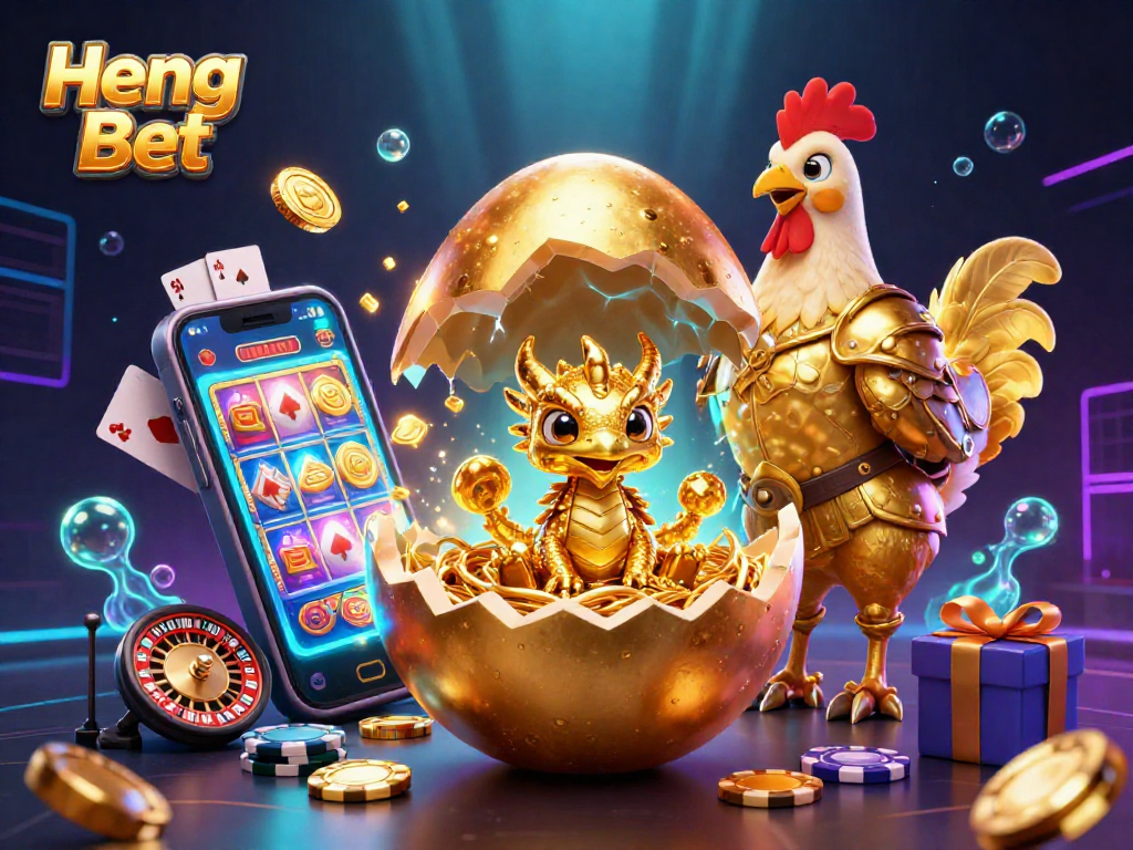 Spin and win with Heng Ong Bet while revealing treasures from a golden egg in a vibrant casino scene.