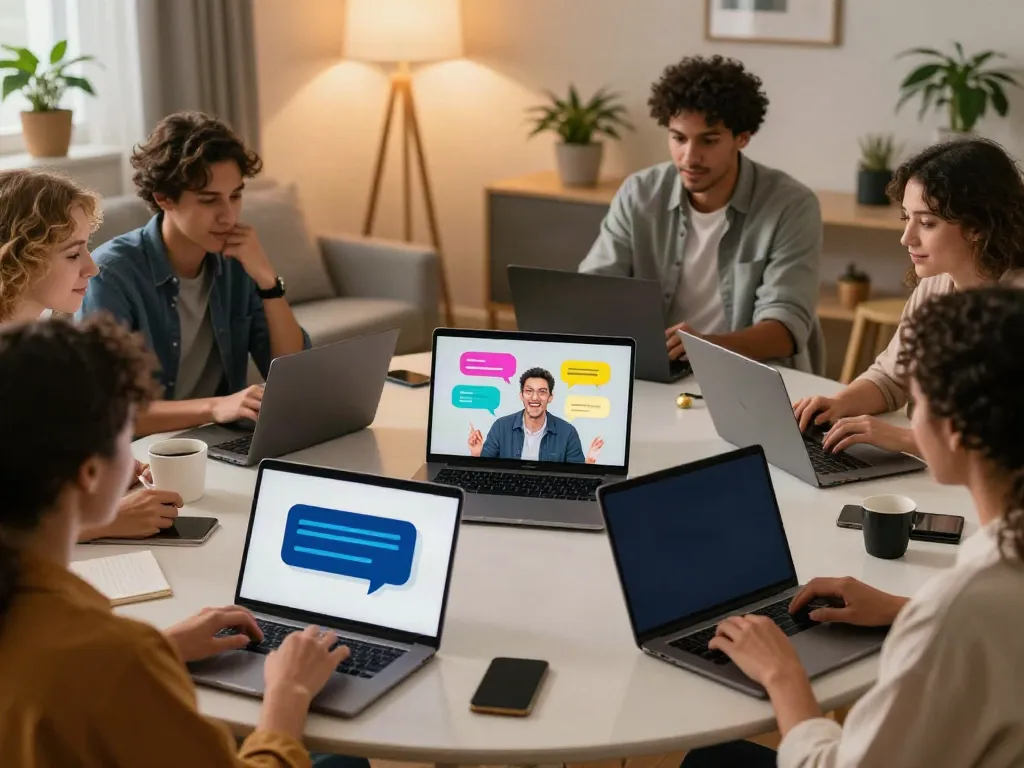 Engaging online chat scene with diverse individuals sharing comments, her comment is here.