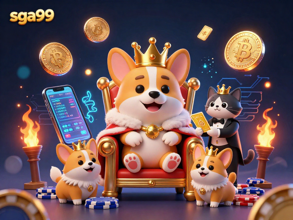 Experience the thrill of sga99 with animated royal corgis amidst vibrant gaming elements.
