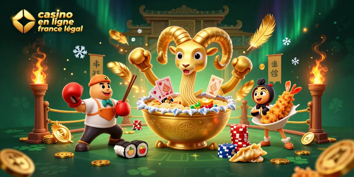 Illustration dynamique sur le thème des casinos en ligne légaux en France, avec un bol doré de ramen et ses personnages.