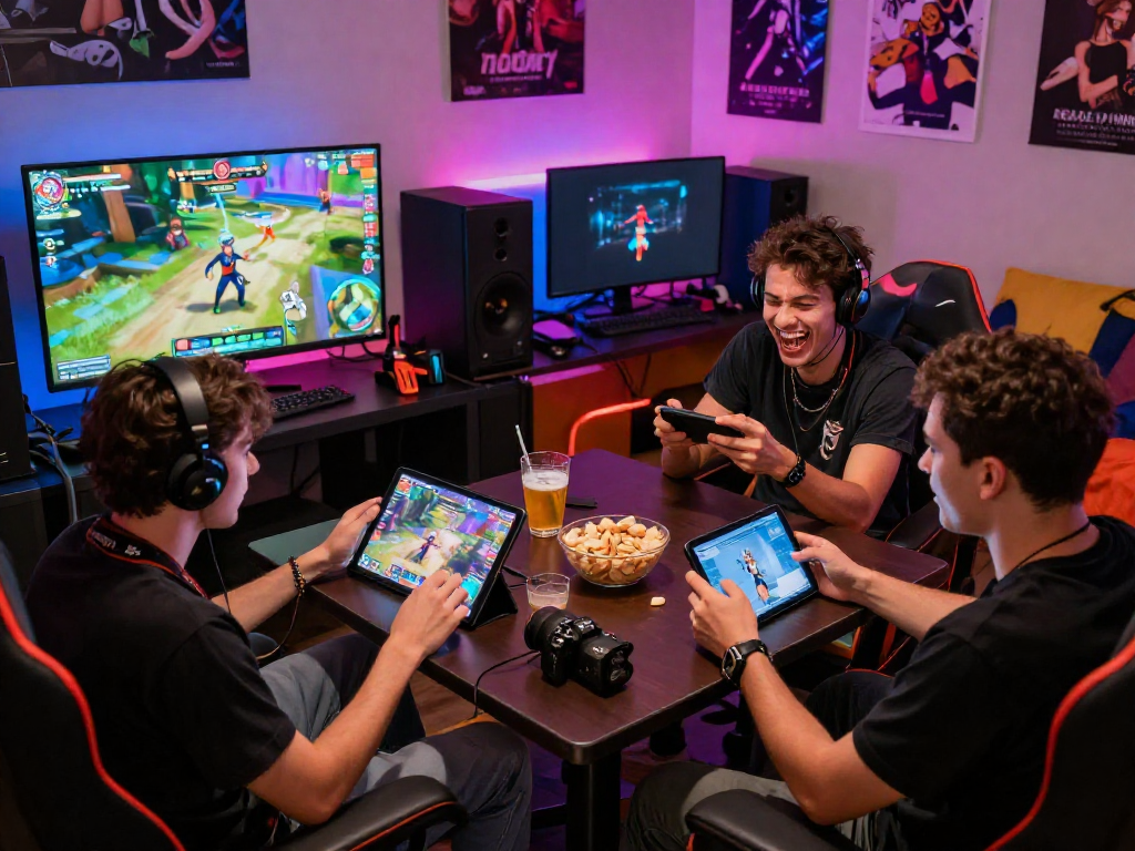Players enjoying immersive sex games in a vibrant gaming lounge atmosphere, showcasing various devices and interactive experiences.