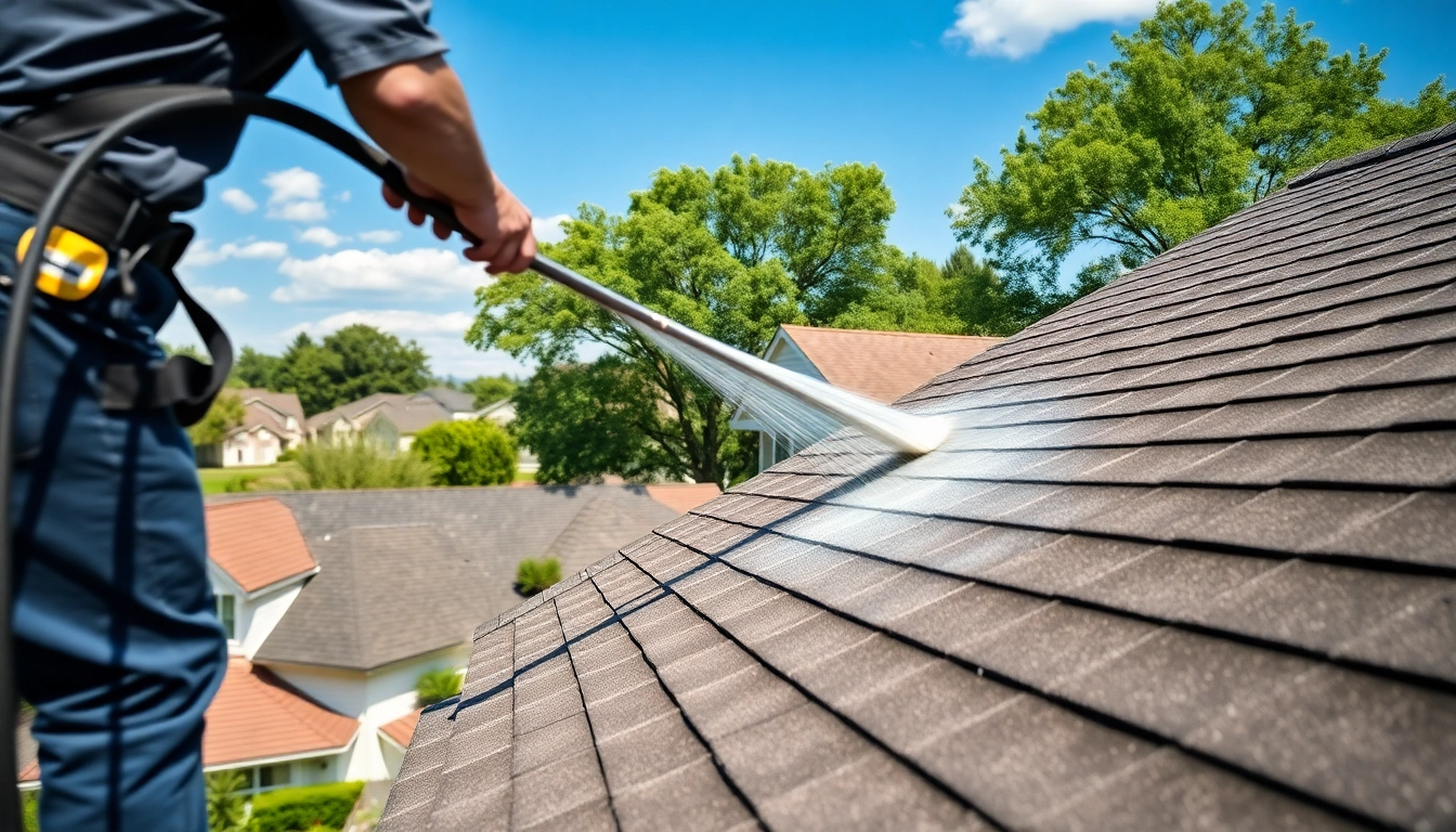 Roof Cleaning service showcasing a technician cleaning a residential roof professionally.