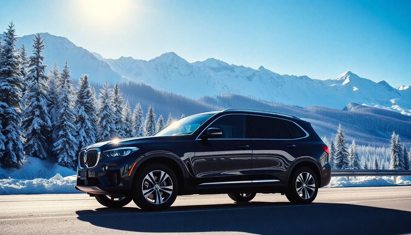 Experience premium car service vancouver to whistler with a luxurious SUV against snowy mountains.