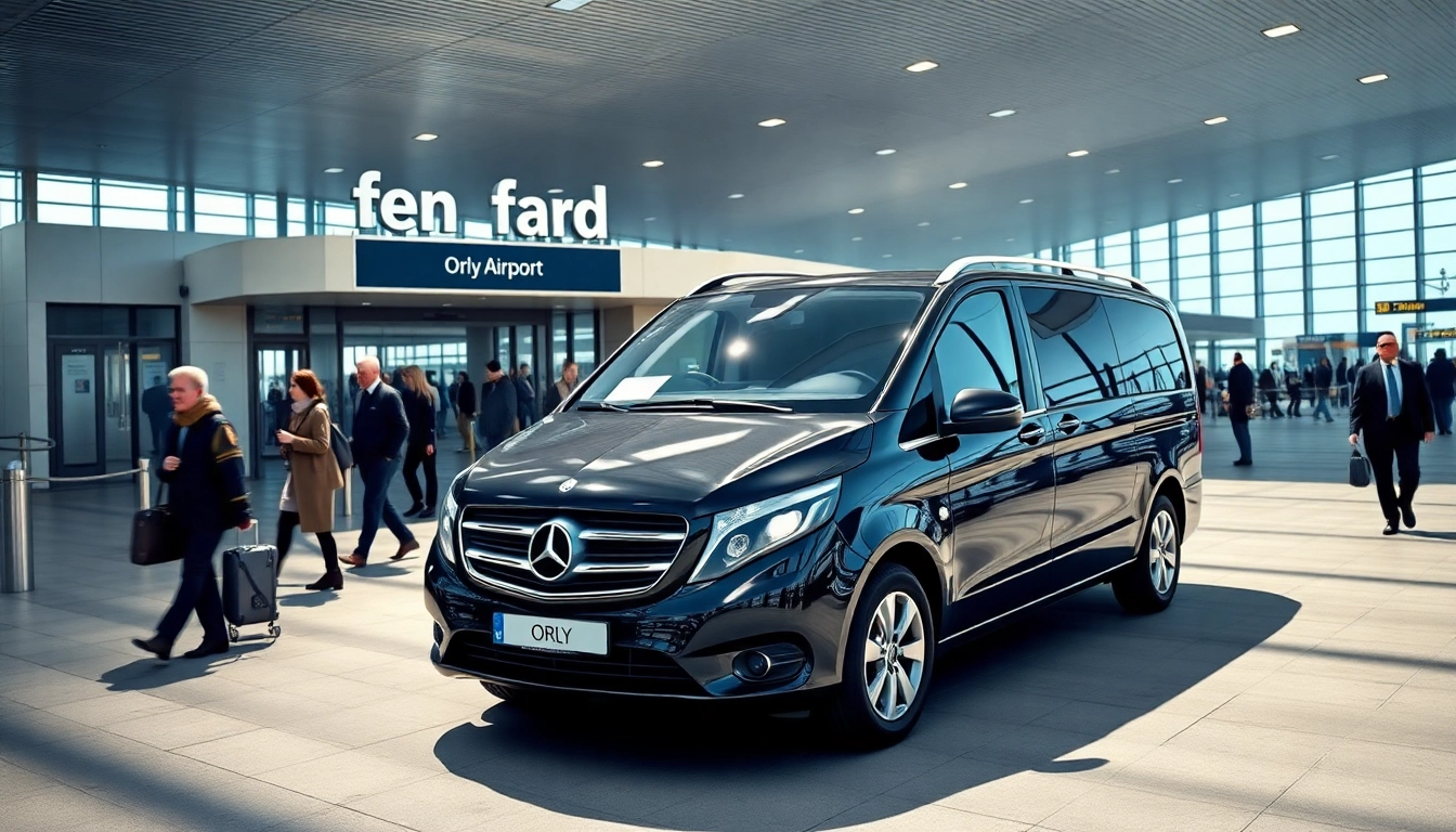 Relaxed Orly Airport to Paris Transfer vehicle with passengers boarding at terminal.