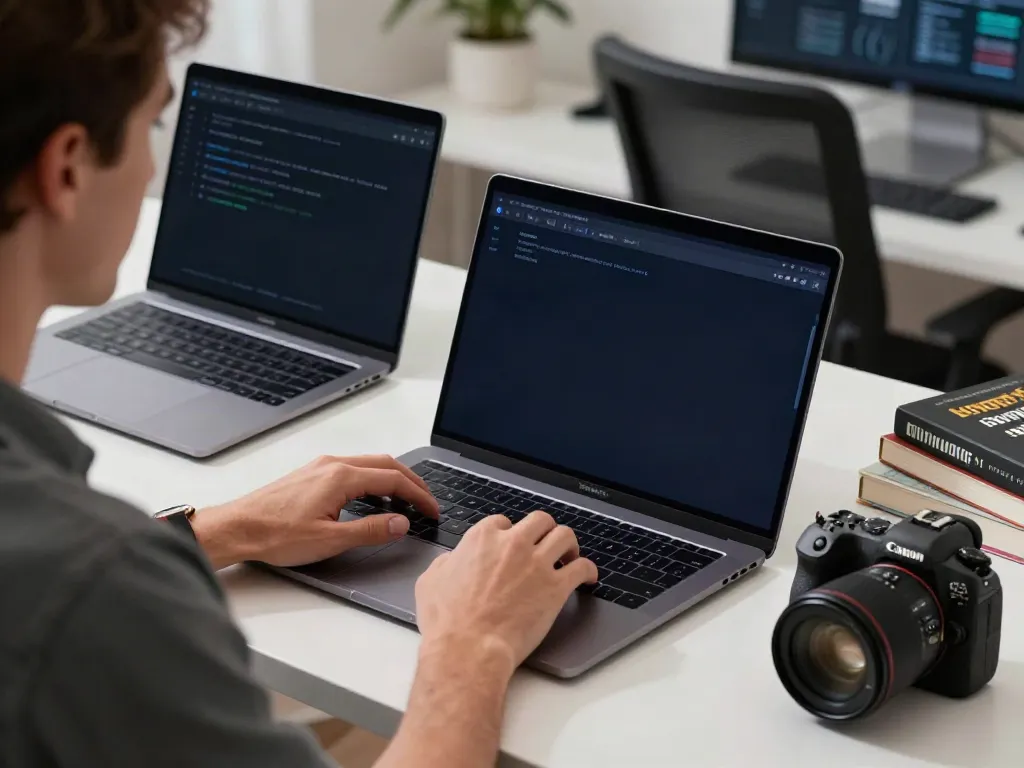 Brave browser being used on a laptop in a tech-inspired workspace, highlighting privacy.