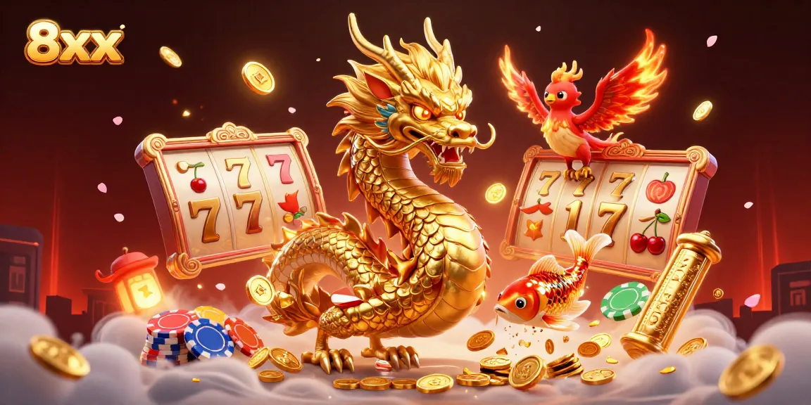 Experience thrilling slots action with 8xx in a vibrant casino scene featuring a dragon and phoenix.