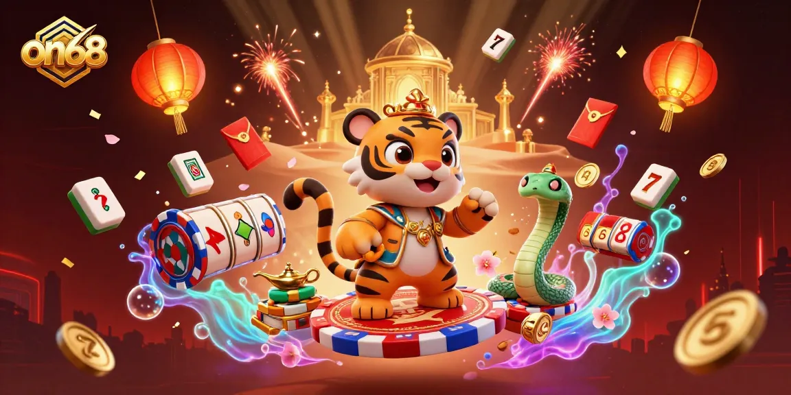 Experience the excitement of on68 with a vibrant, richly detailed 3D casino scene showcasing gambling elements.