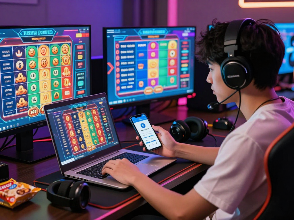 Dewatogel online gaming scene with player focused on lottery gameplay, colorful digital screens, and modern gaming setup.