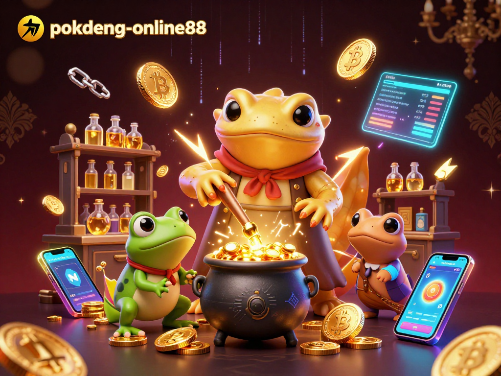 Experience the thrill of gambling at pokdeng-online88 with vibrant casino illustrations featuring alchemical charm.