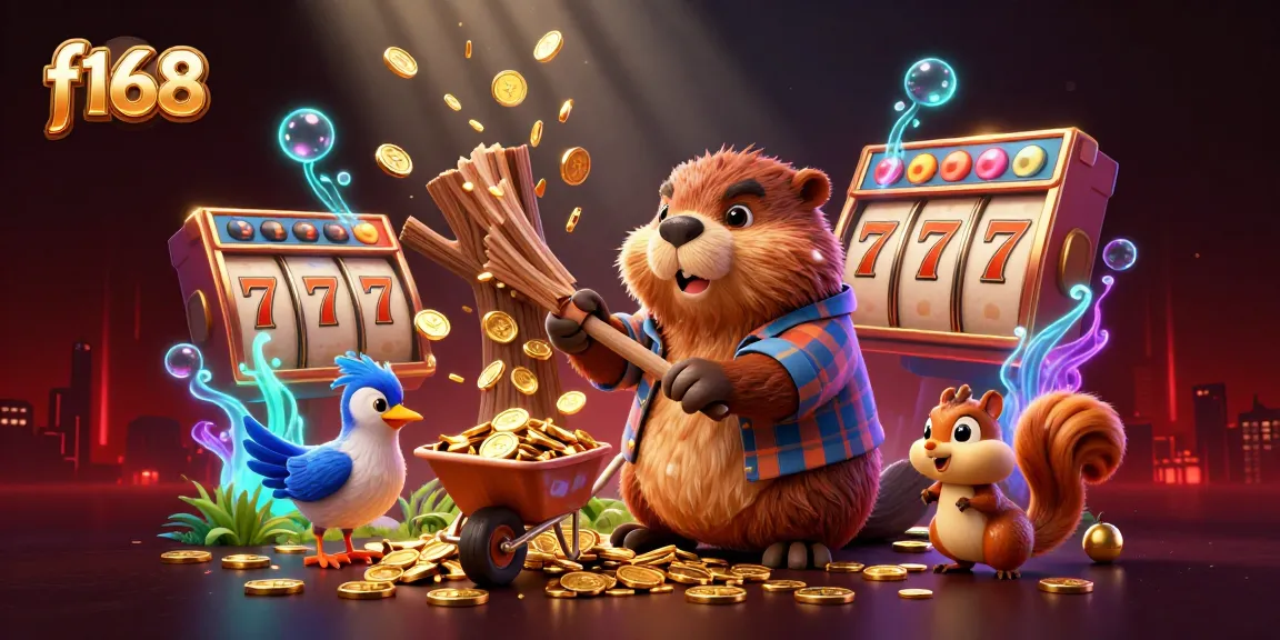 A 3D scene with f168 featuring a cartoon beaver, bird, and squirrel enjoying a lively casino environment with golden coins and slot machines.
