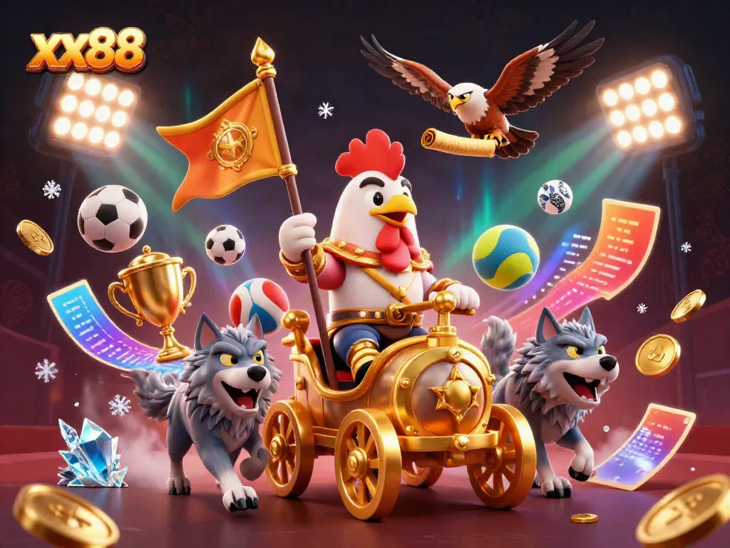 Engage in thrilling sports betting at xx88 with a dynamic scene featuring a rooster warlord on a golden chariot.