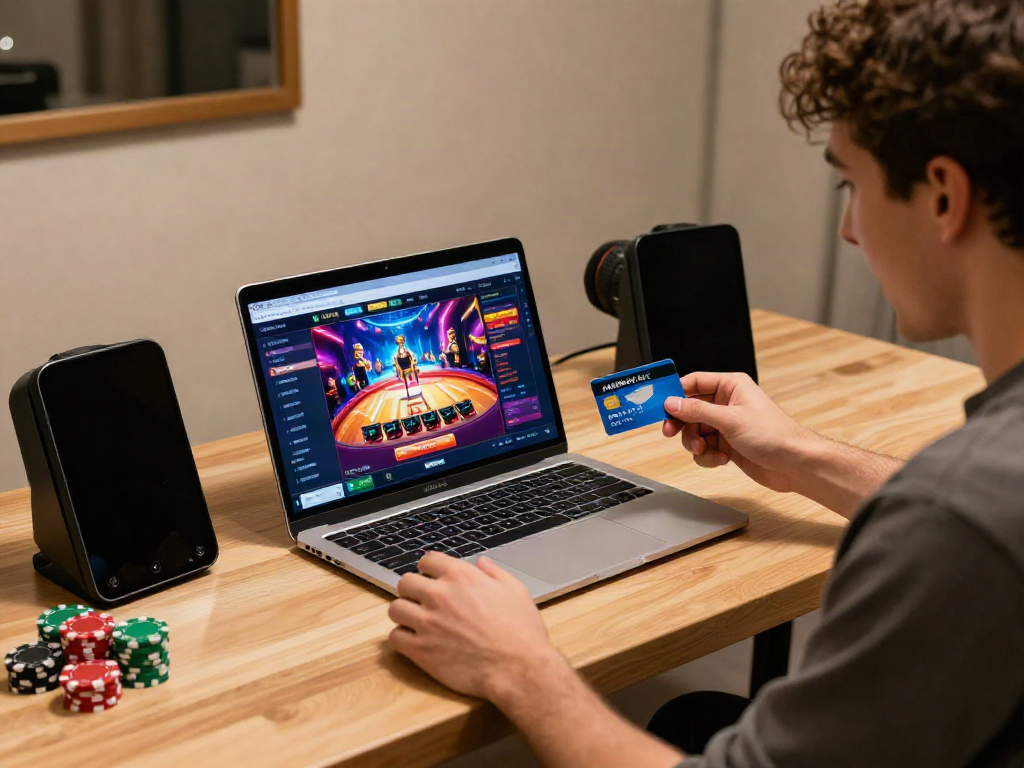 A player engaging with amex casinos on a laptop, holding an American Express card, showcasing an exciting online gaming atmosphere.
