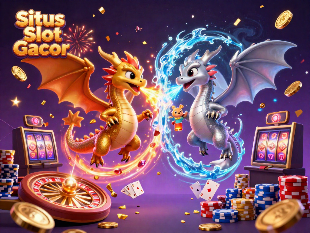 Menangkan jackpot di Situs Slot Gacor dengan dua naga 3D bersinar yang berputar di antara koin berkilau.