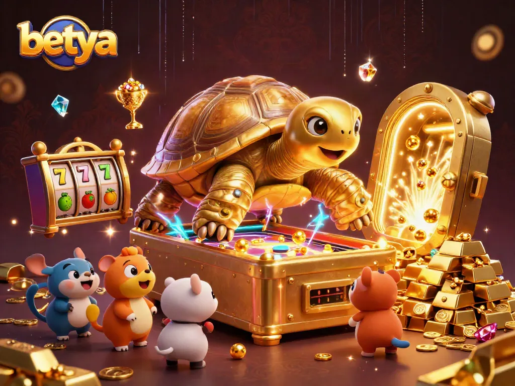 Experience excitement at Betya with a vibrant illustration of a colossal tortoise engaged in a slot machine scene.