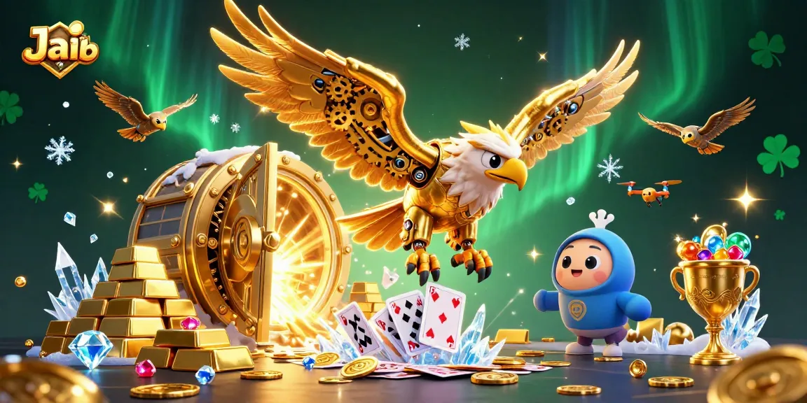 Experience adventure at Jai club with a cybernetic eagle soaring amidst dazzling casino treasures.