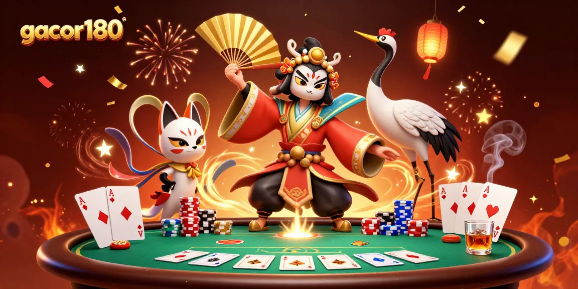 Menangkan permainan di gacor180 dengan ilustrasi kasual yang menampilkan pejuang kabuki dan elemen poker.