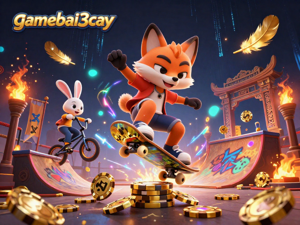 gamebai3cay features a dynamic scene with a skateboarder fox and BMX rider in a casino-themed setting.